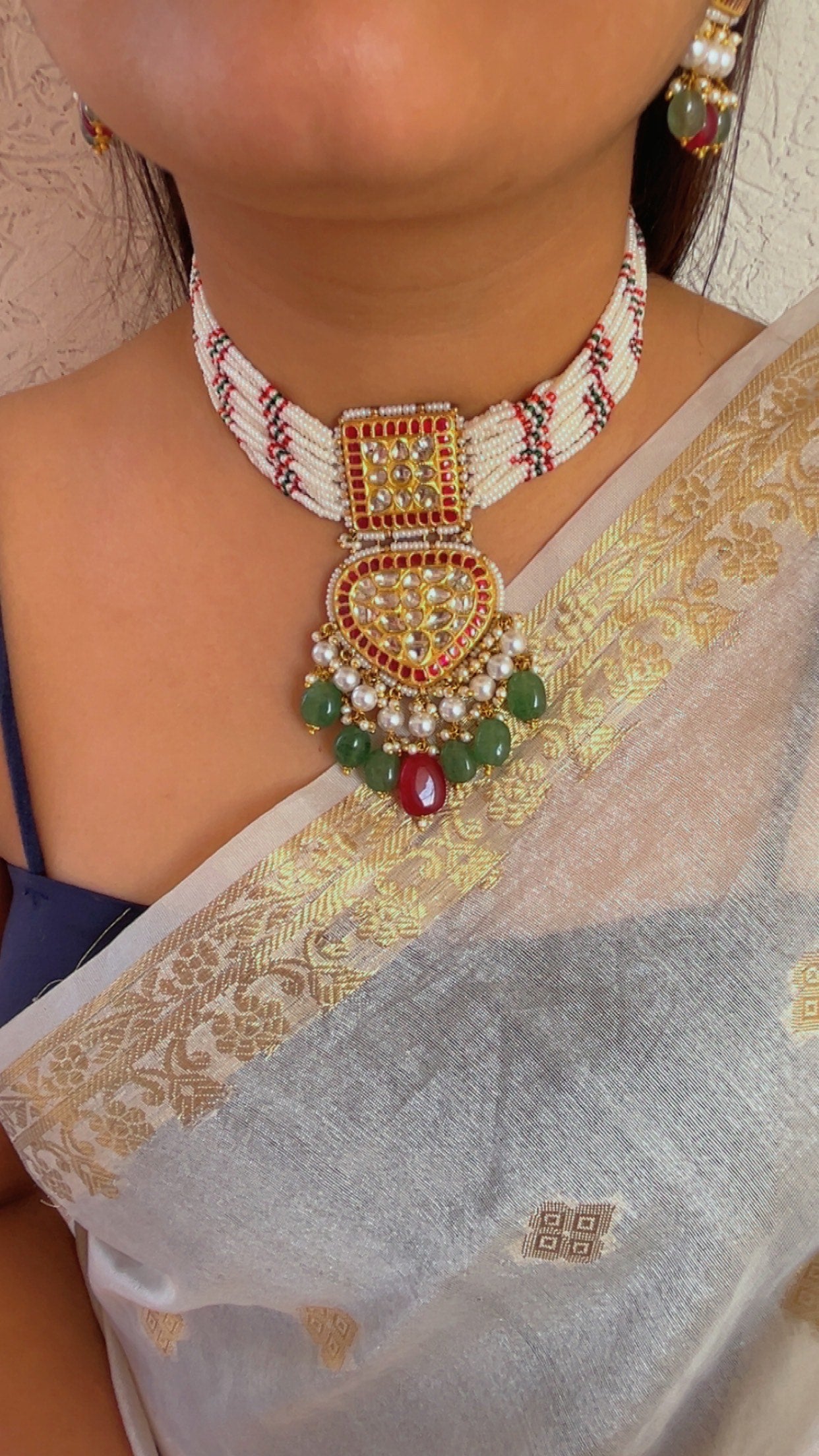 22K Gold Hallmarked Diamond Polki Green Necklace Jewelry