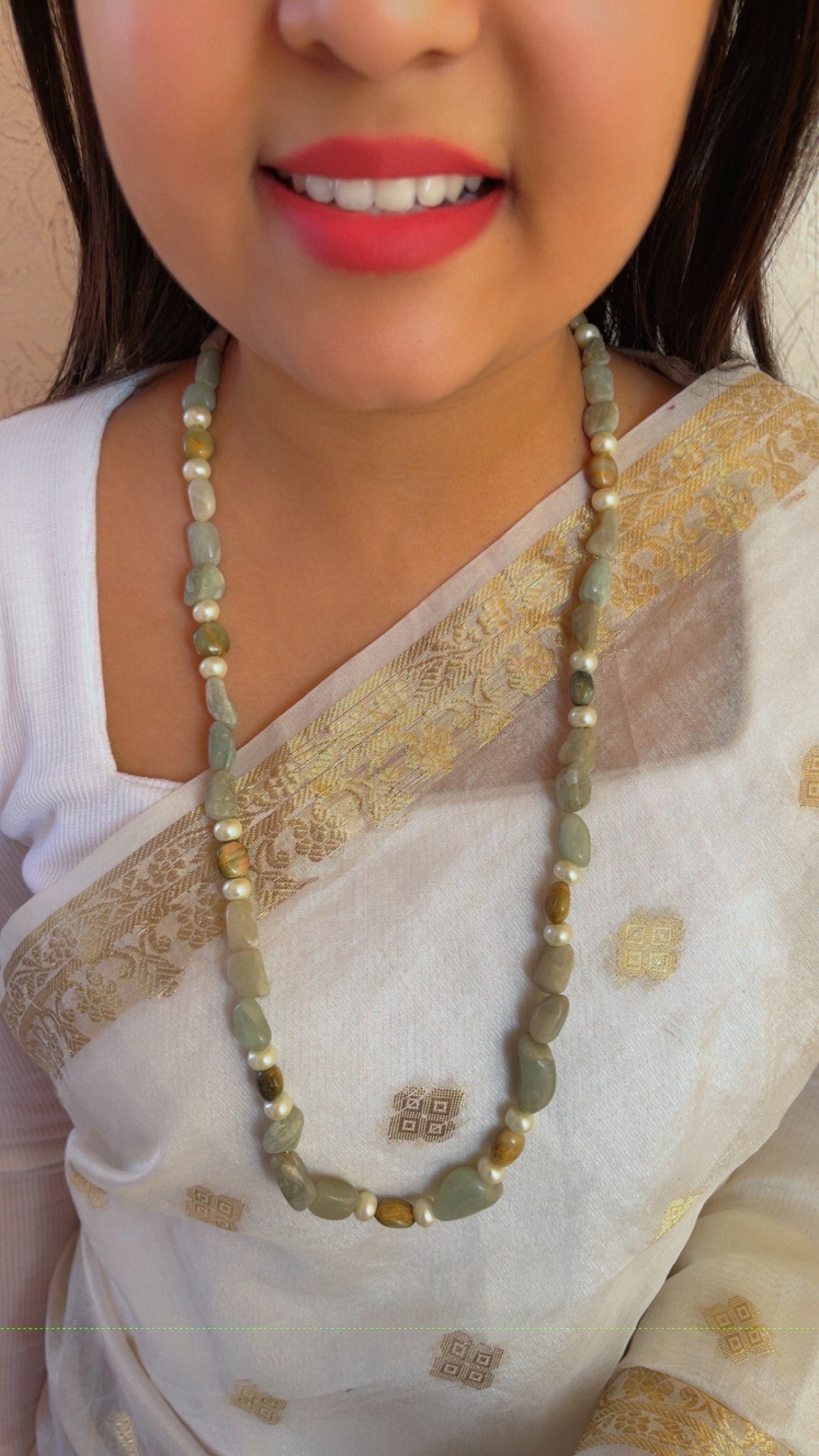 Natural Aquamarine & Cat's Eye Gemstone Beads Necklace Jewelry