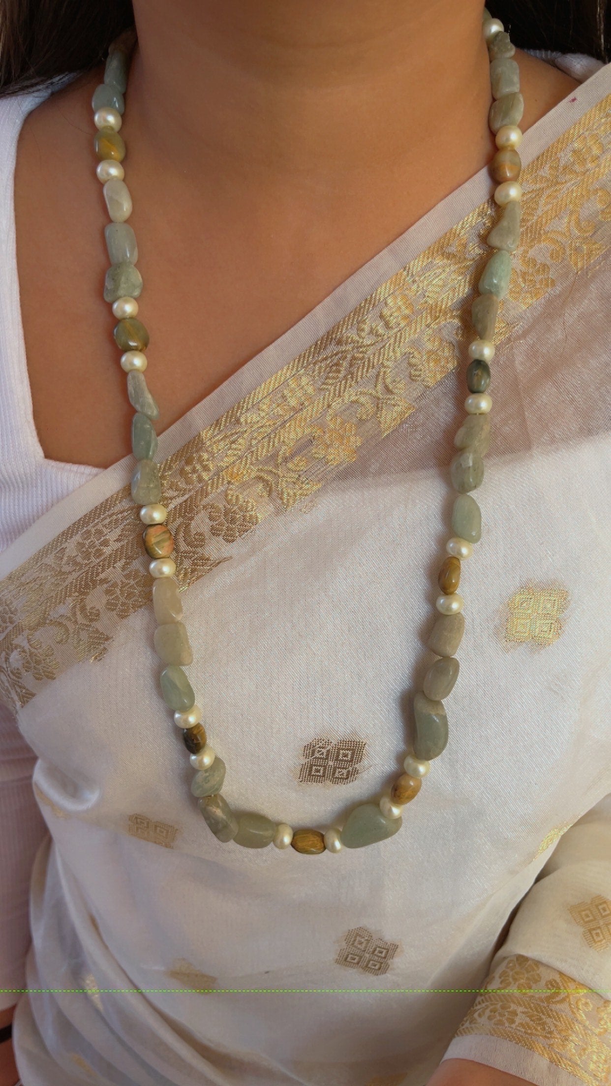 Natural Aquamarine & Cat's Eye Gemstone Beads Necklace Jewelry