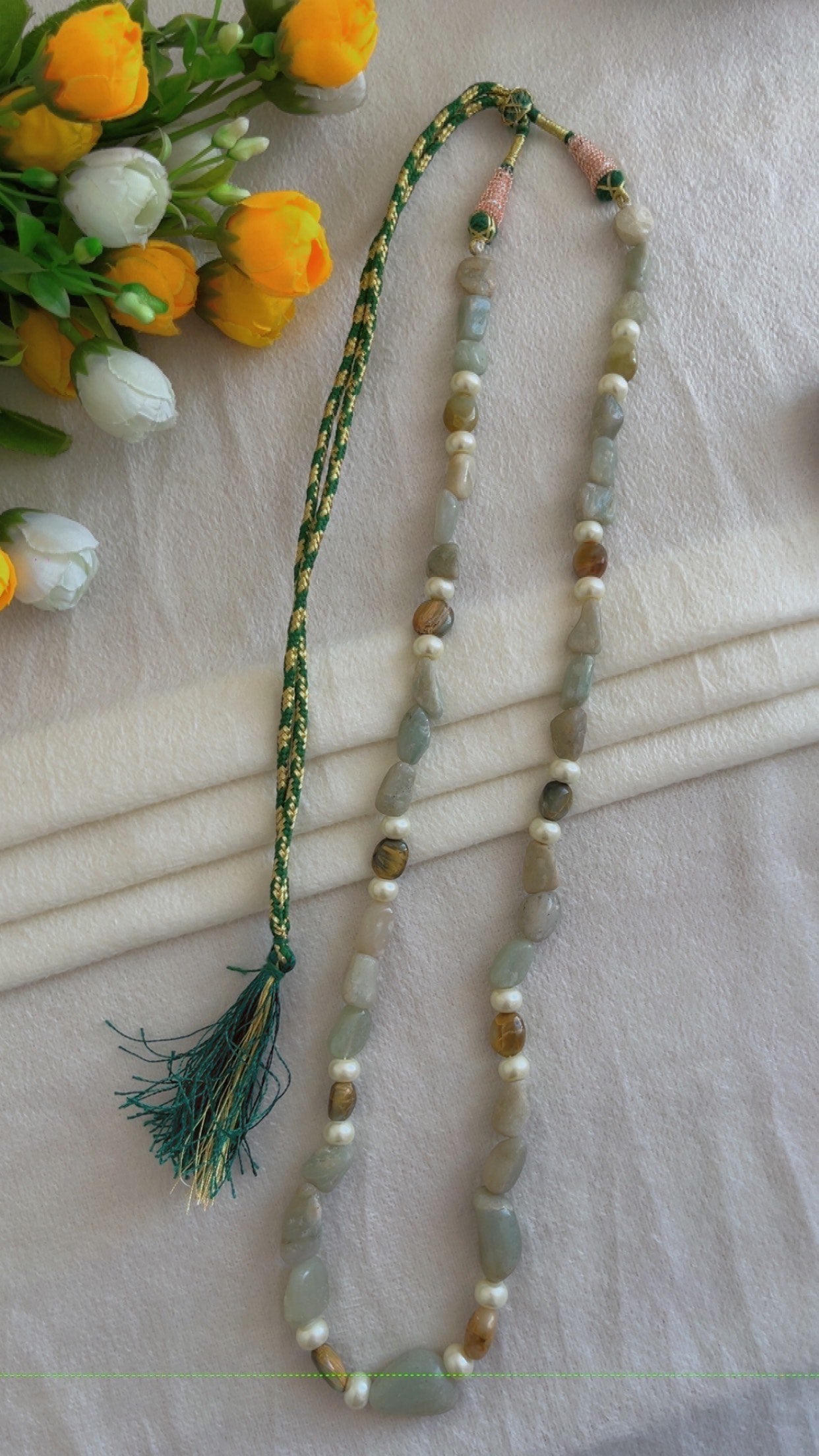 Natural Aquamarine & Cat's Eye Gemstone Beads Necklace Jewelry