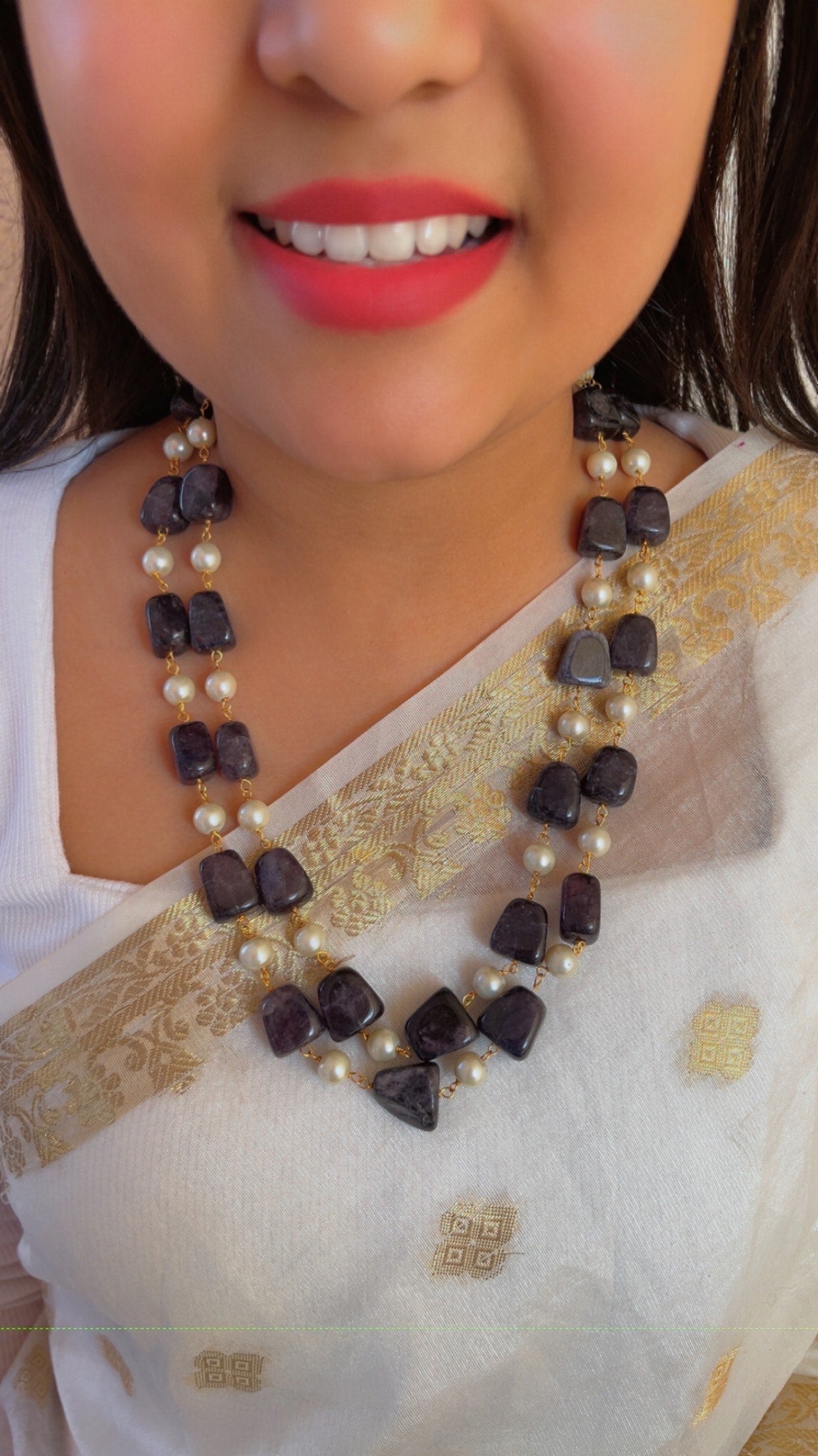 Natural Blue Quartz & Pearl Gemstone Beads Necklace Jewelry