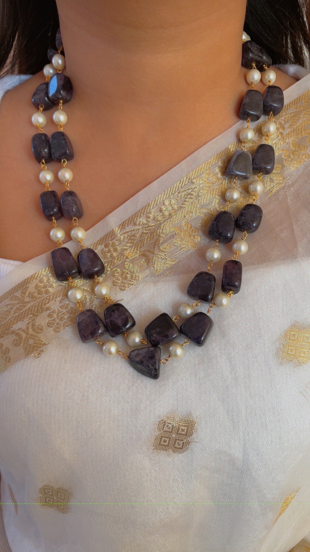 Natural Blue Quartz & Pearl Gemstone Beads Necklace Jewelry