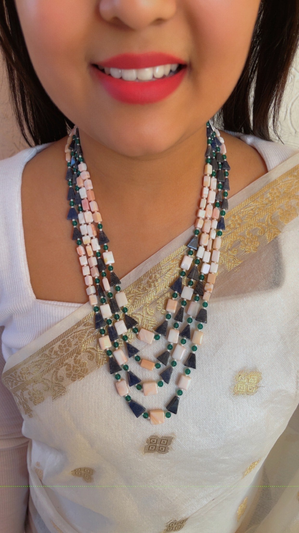 Natural Pink Opal & Blue Sunstone Gemstone Beads Necklace Jewelry