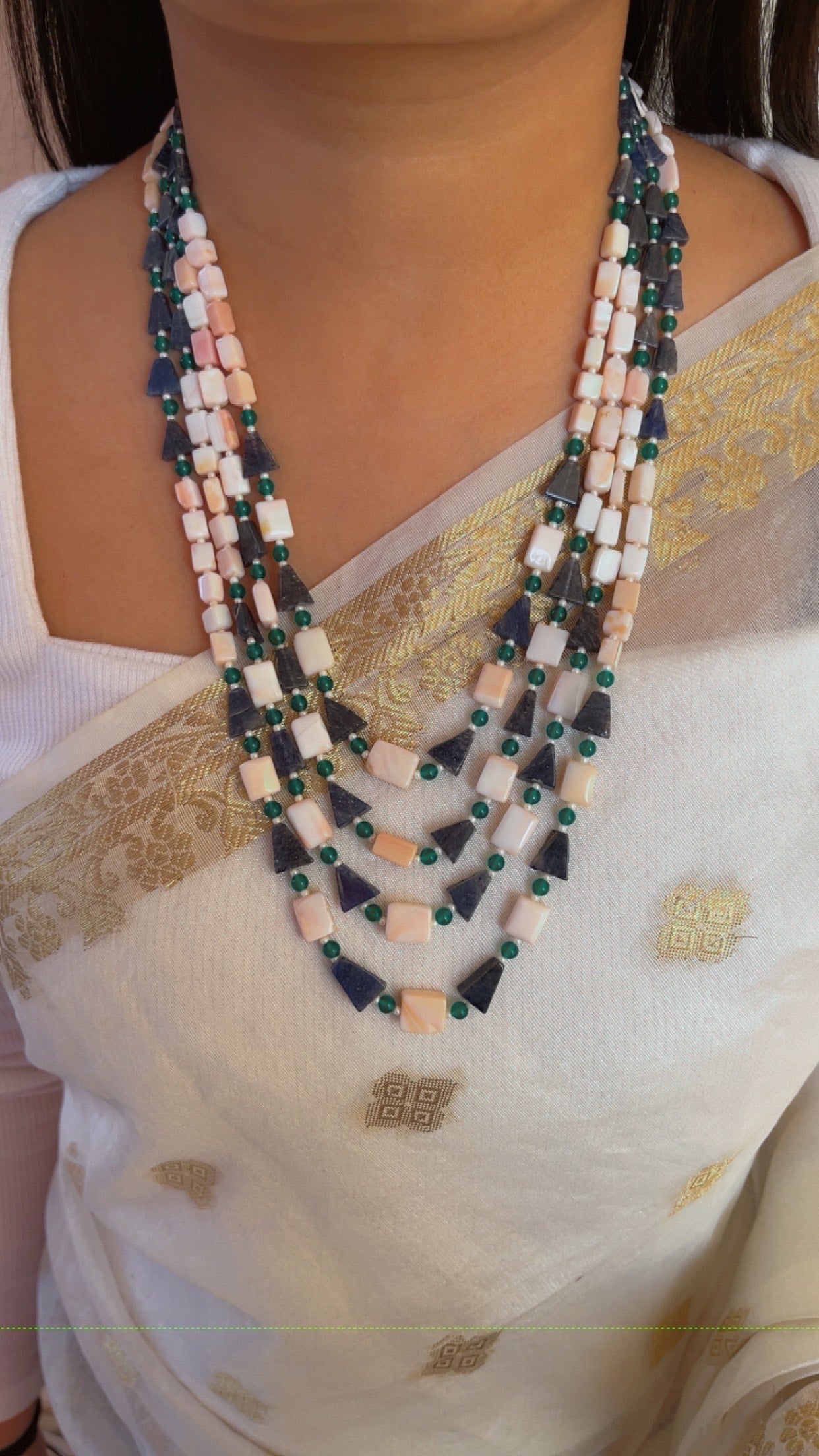 Natural Pink Opal & Blue Sunstone Gemstone Beads Necklace Jewelry