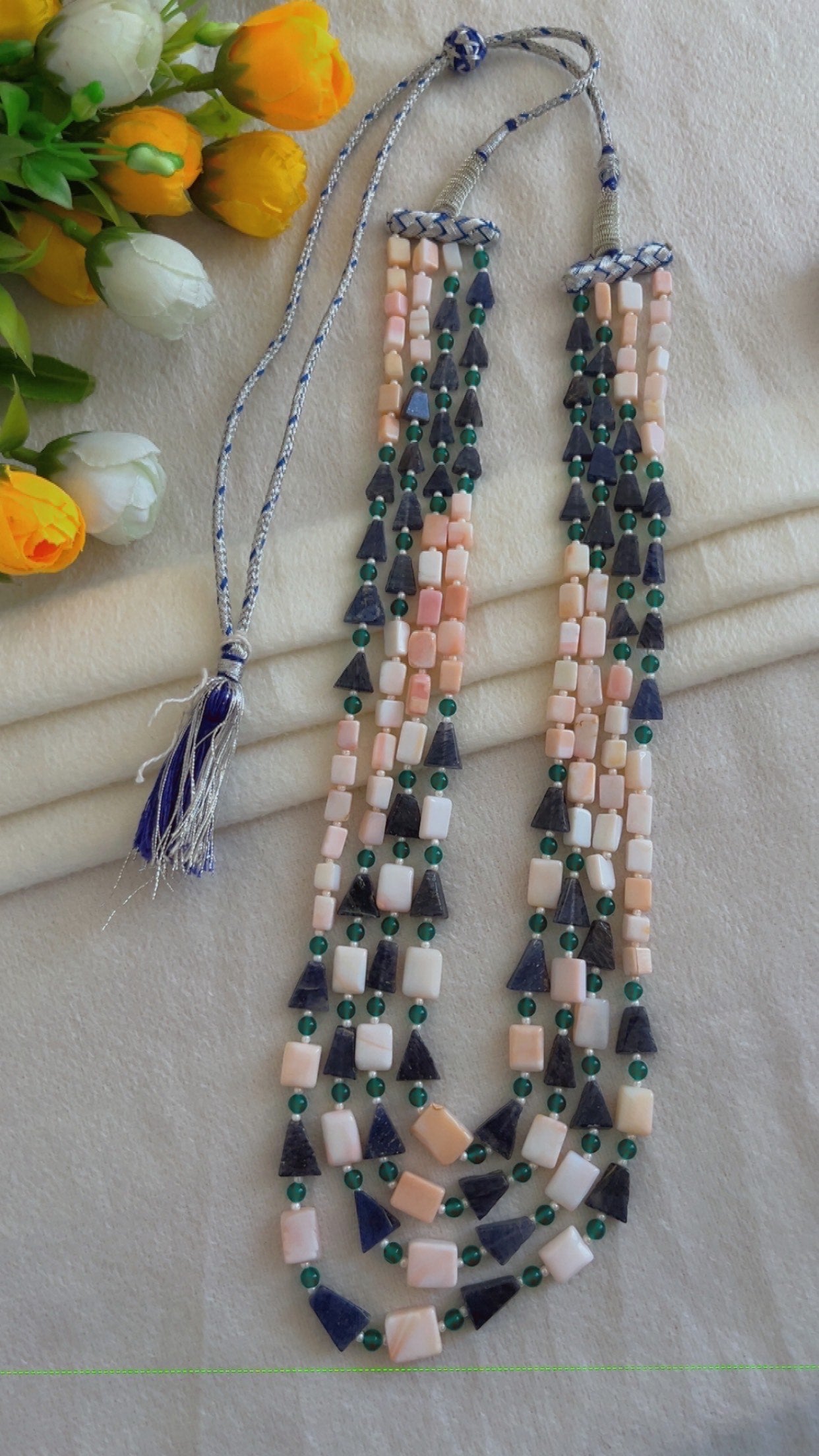 Natural Pink Opal & Blue Sunstone Gemstone Beads Necklace Jewelry