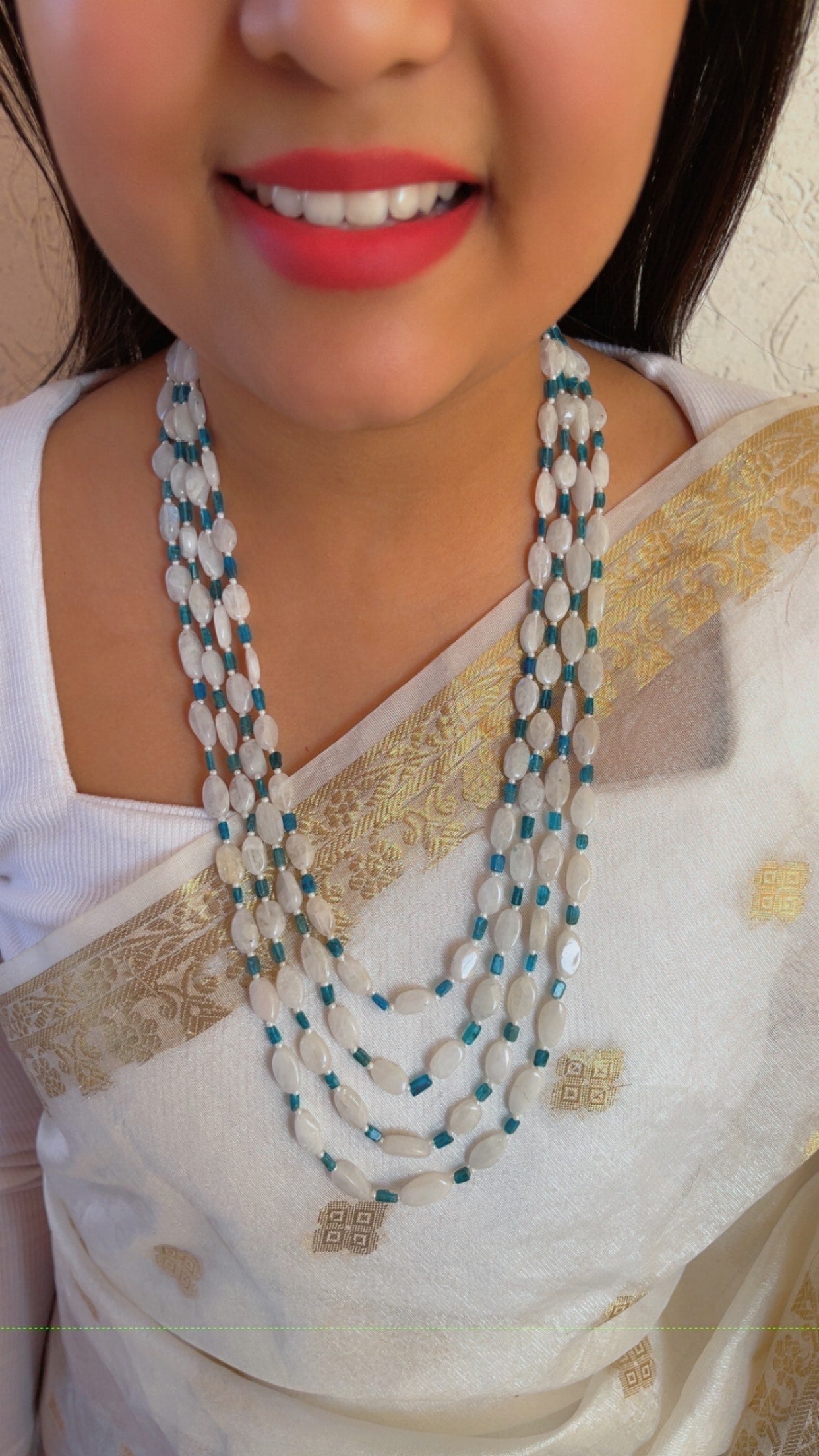 Natural Rainbow Moonstone & Neon Apatite Gemstone Beads Necklace Jewelry