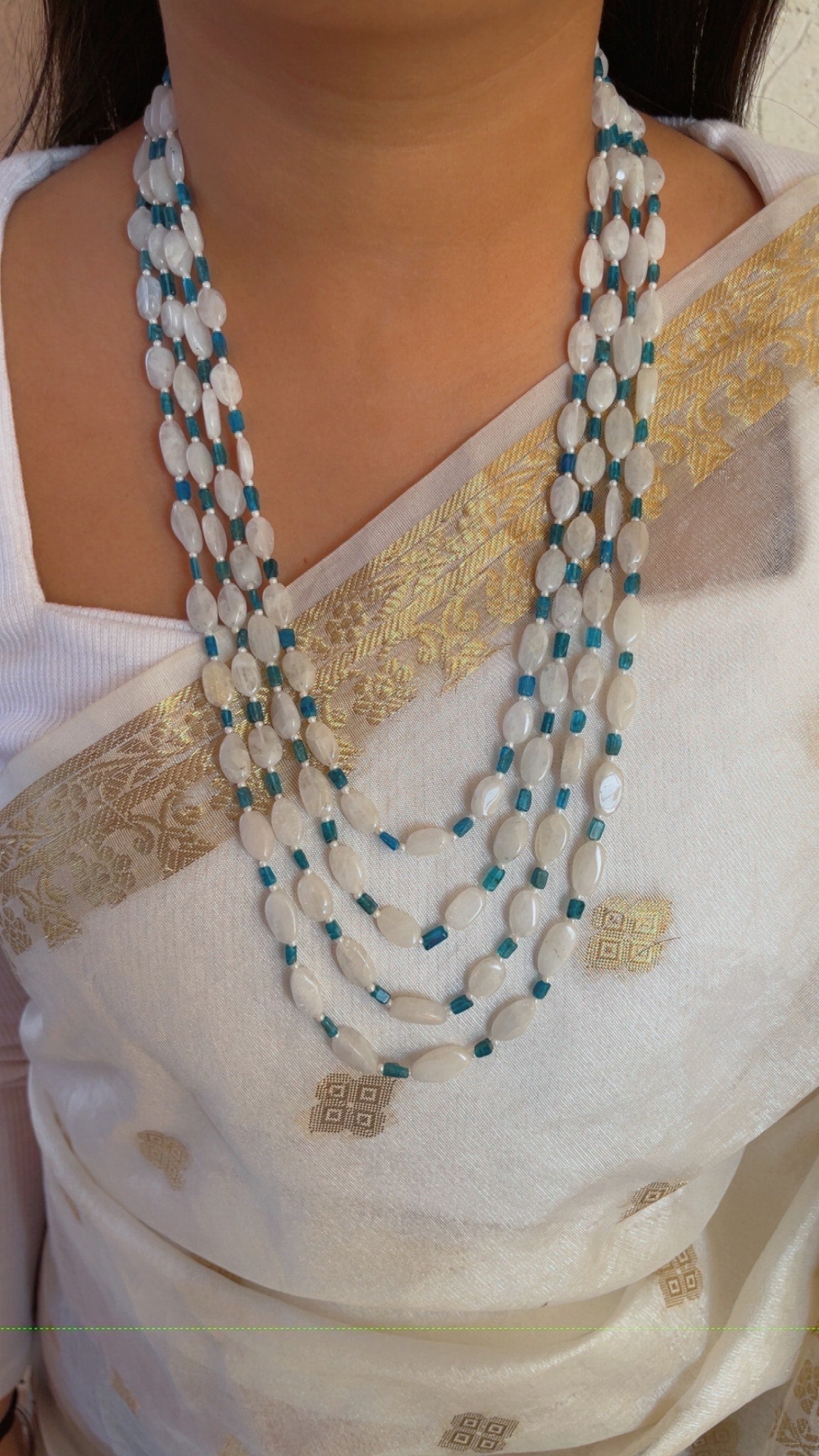 Natural Rainbow Moonstone & Neon Apatite Gemstone Beads Necklace Jewelry