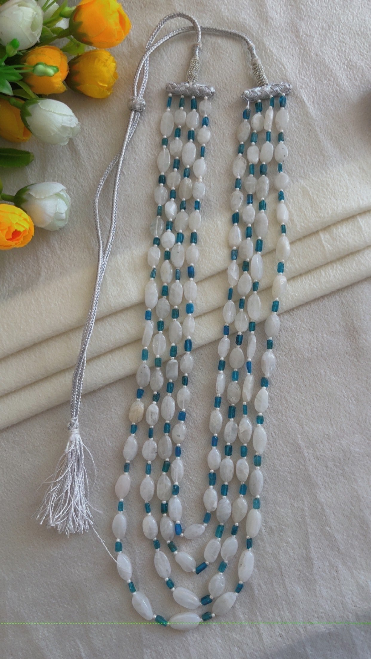 Natural Rainbow Moonstone & Neon Apatite Gemstone Beads Necklace Jewelry