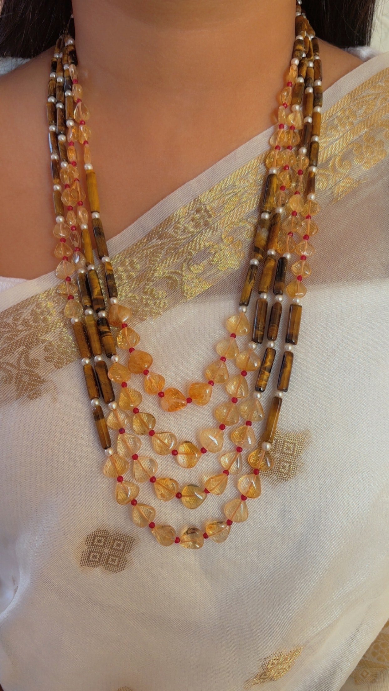 Natural Tiger's Eye & Citrine Gemstone Beads Necklace Jewelry