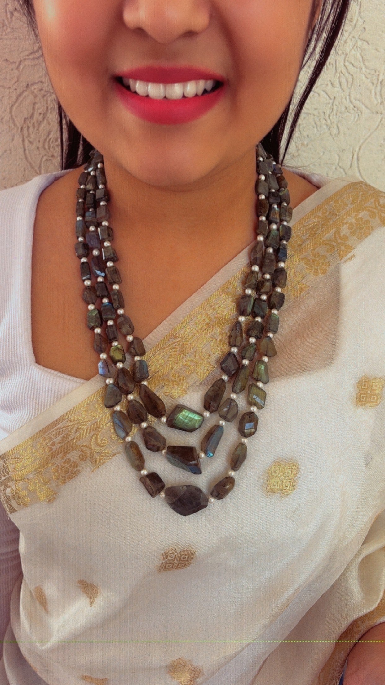 Natural Labradorite & Pearl Gemstone Beads Necklace Jewelry