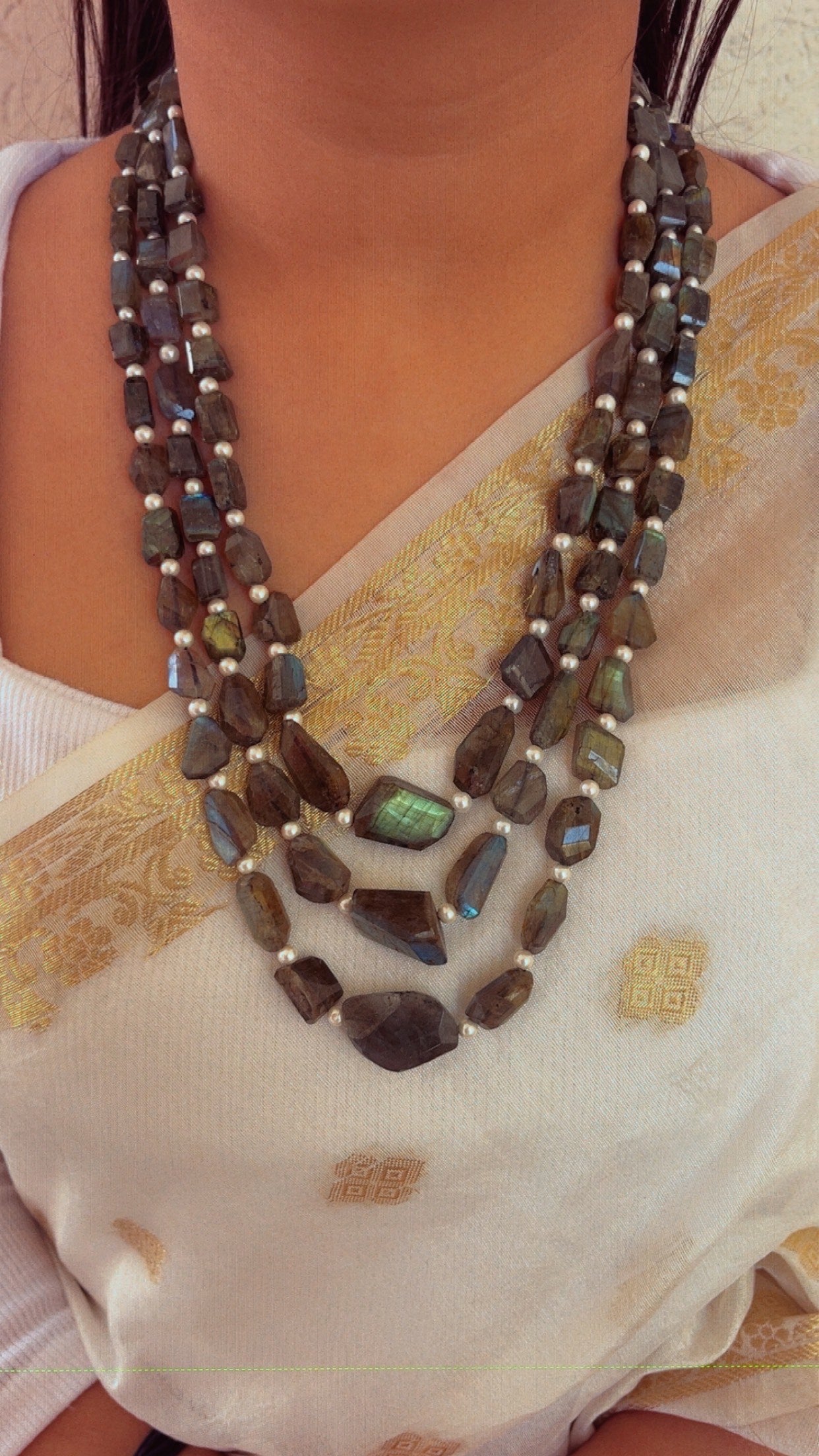 Natural Labradorite & Pearl Gemstone Beads Necklace Jewelry