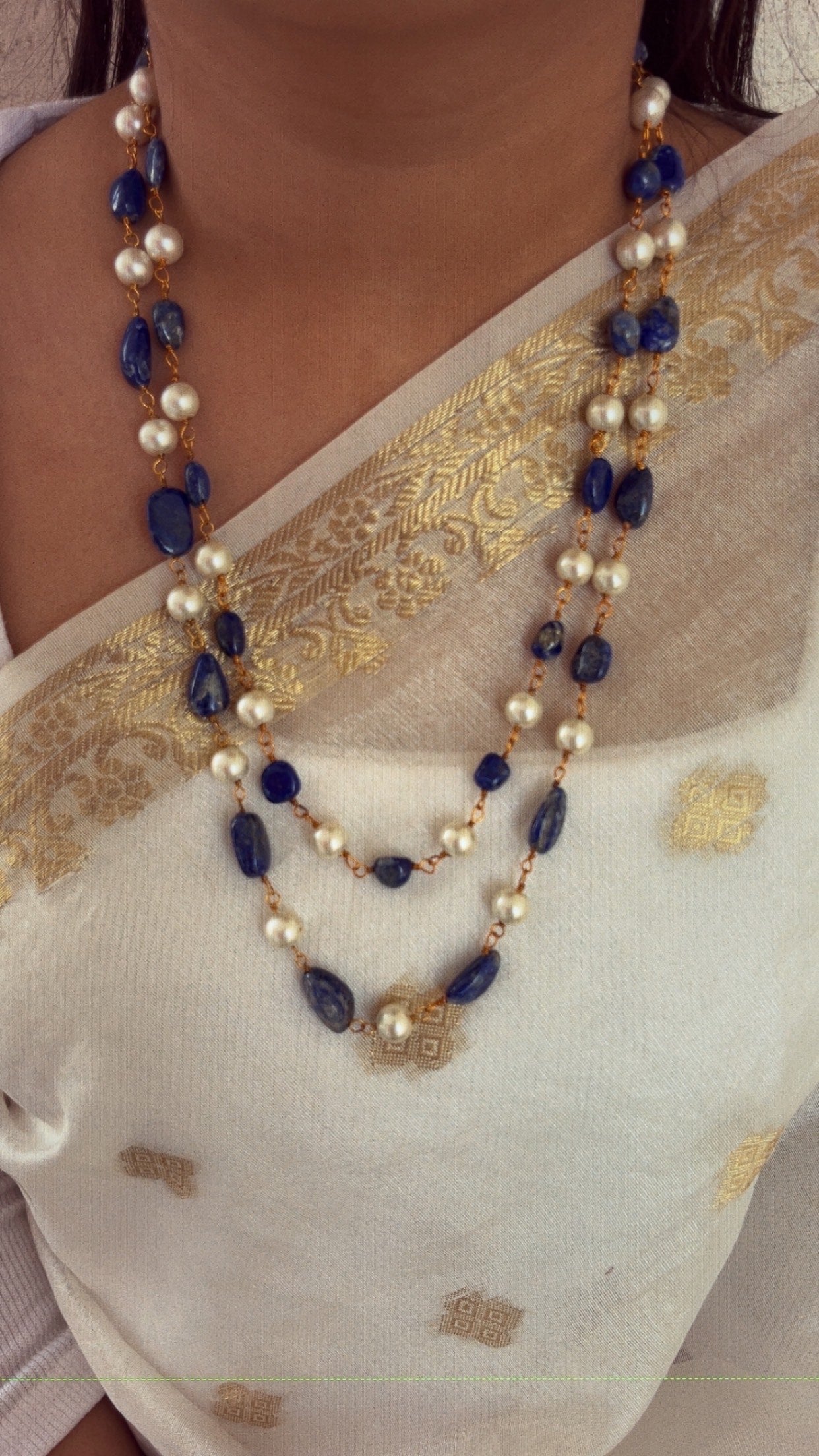 Natural Lapis Lazulli & Pearl Gemstone Beads Necklace Jewelry