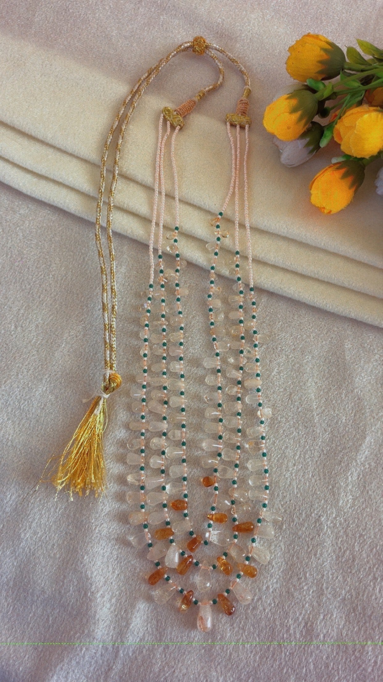 Natural Citrine, Green Jade & Pearl Gemstone Beads Necklace Jewelry