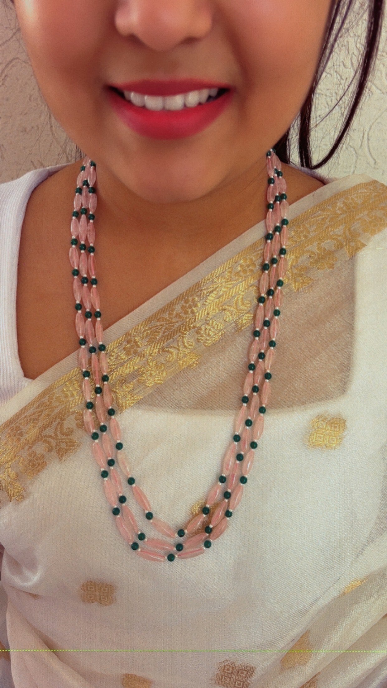 Natural Rose Quartz & Green Jade Gemstone Beads Necklace Jewelry