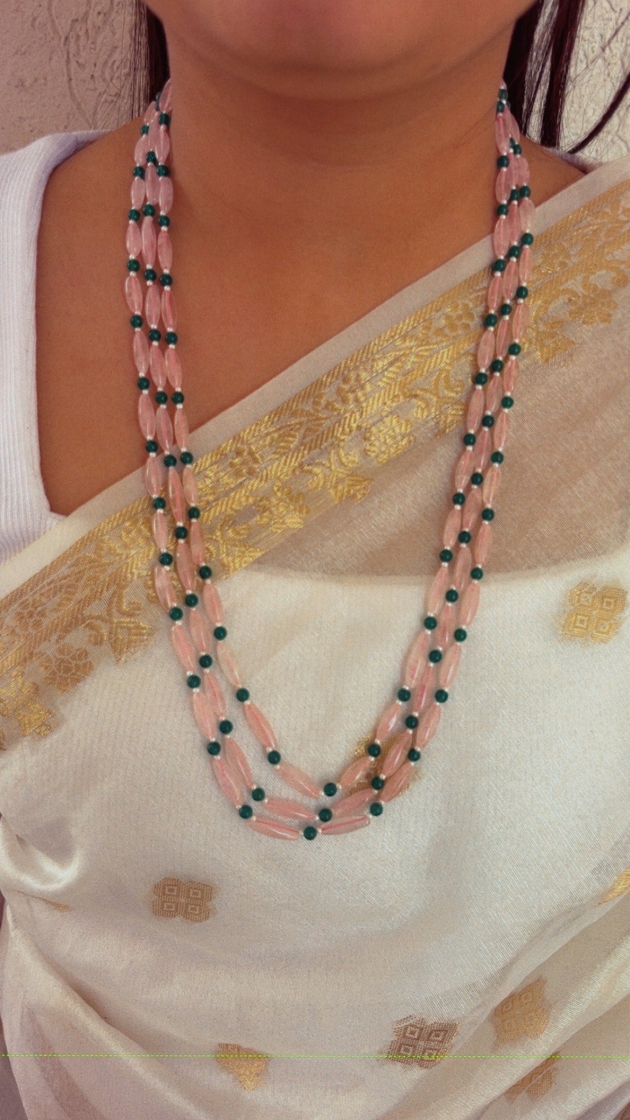 Natural Rose Quartz & Green Jade Gemstone Beads Necklace Jewelry