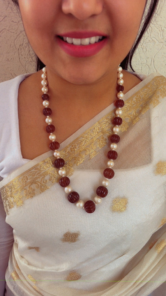 Natural Garnet Pumpkin & Pearl Gemstone Beads Necklace Jewelry
