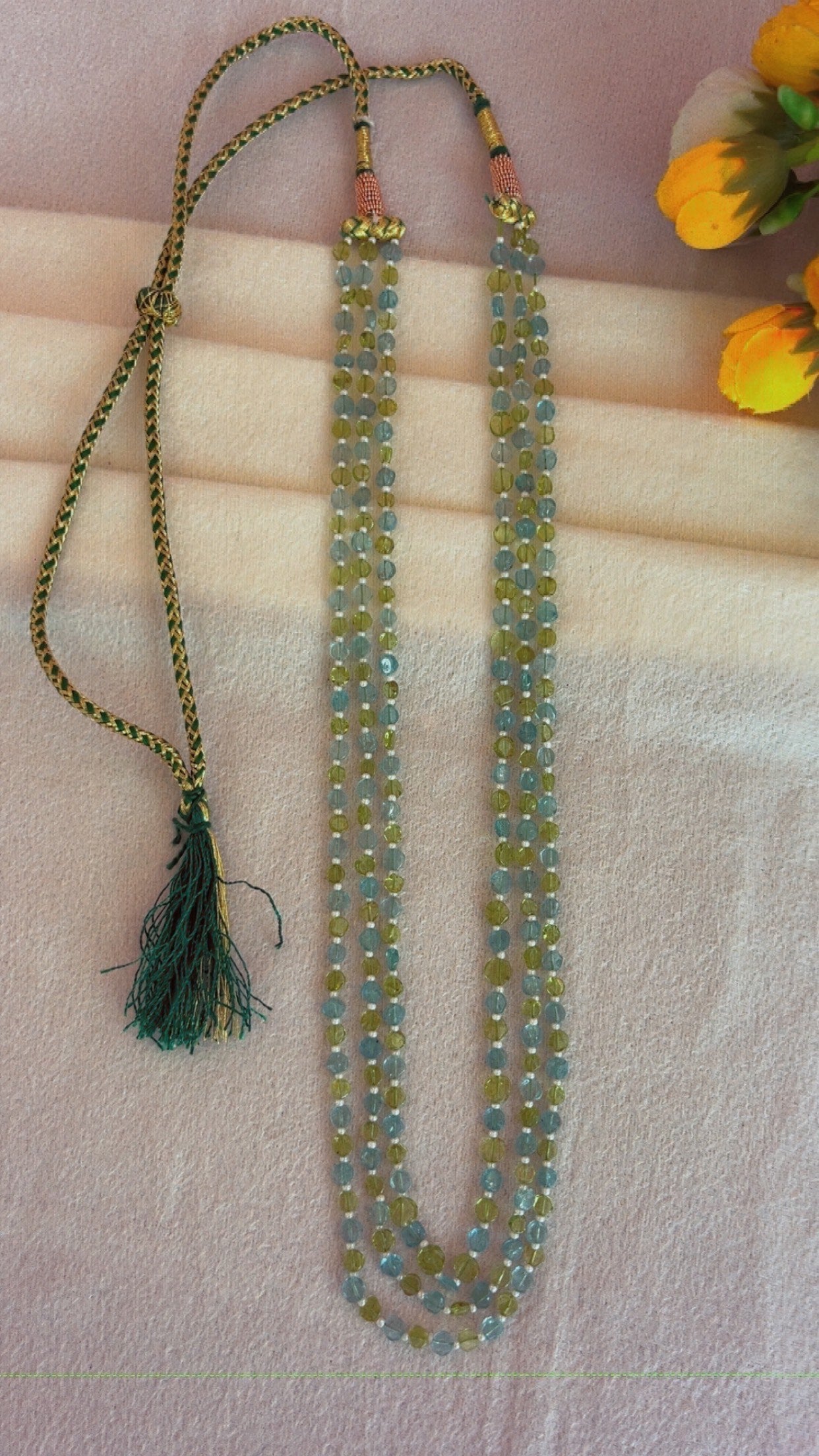 Natural Peridot & Sky Apatite Coin Gemstone Beads Necklace Jewelry