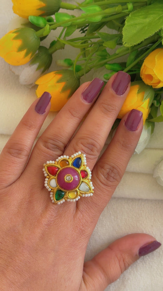 Designer 22k Gold Hallmarked Navratan Adjustable Ring
