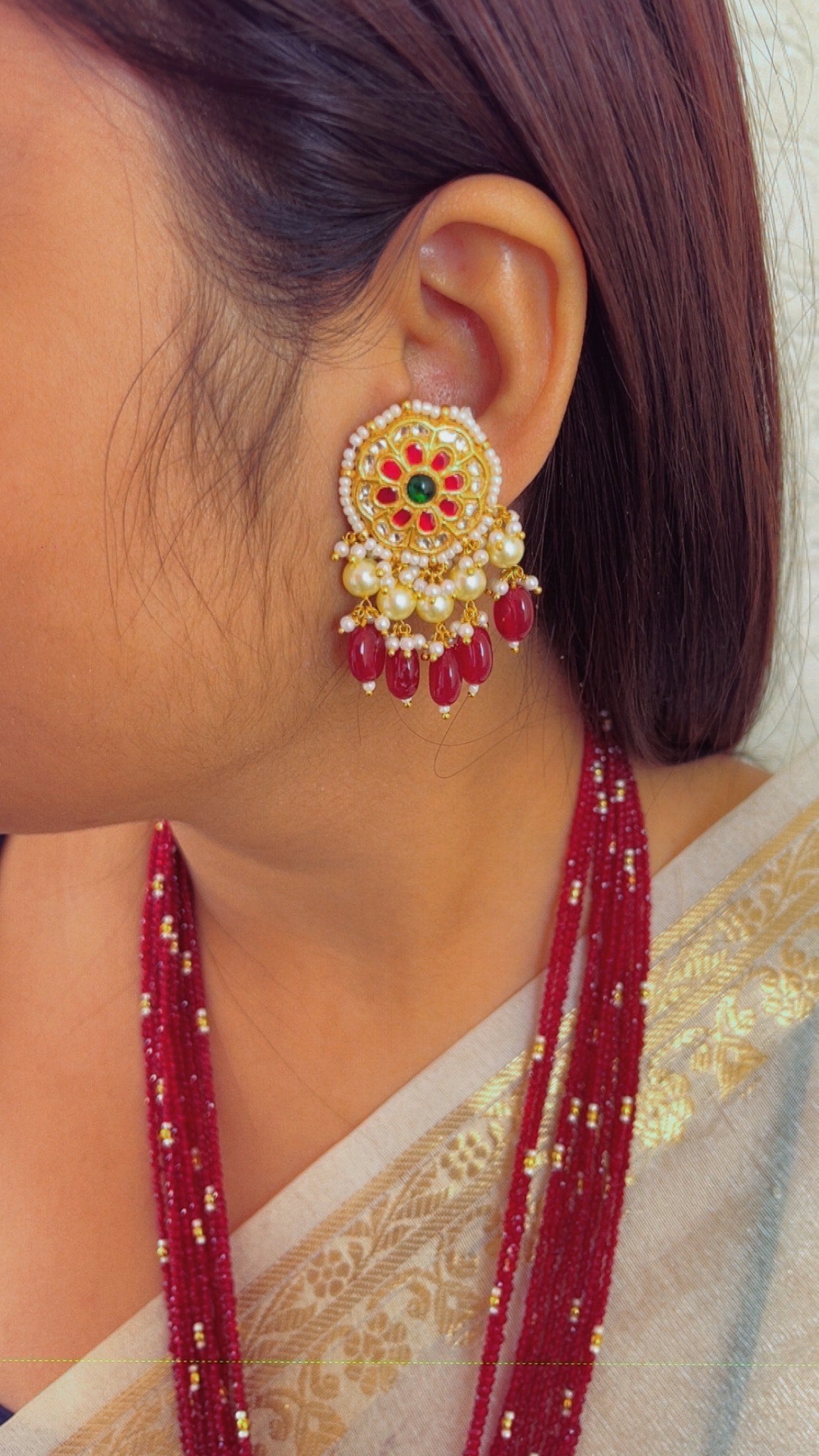 22K Gold Hallmarked Diamond Polki Red Necklace Jewelry