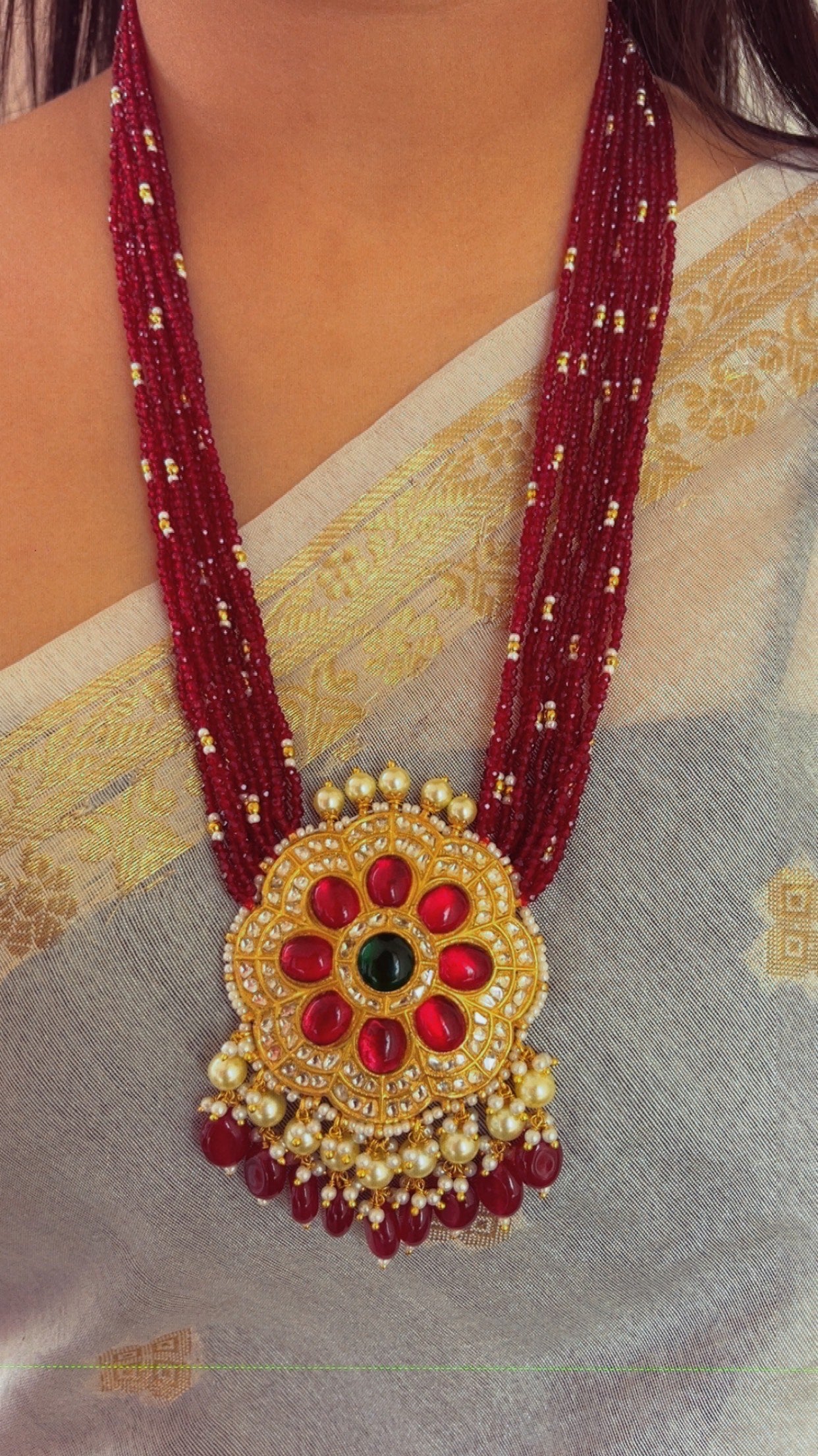 22K Gold Hallmarked Diamond Polki Red Necklace Jewelry