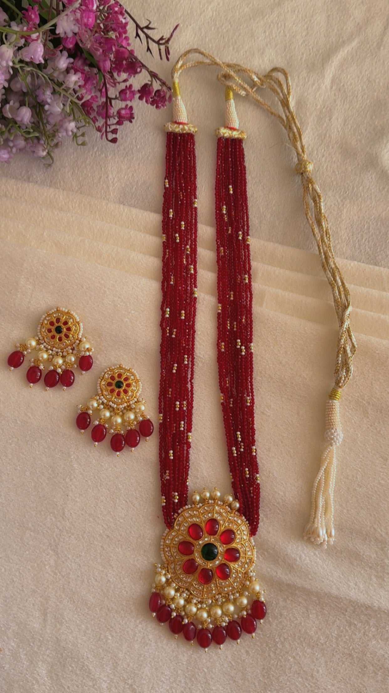 22K Gold Hallmarked Diamond Polki Red Necklace Jewelry