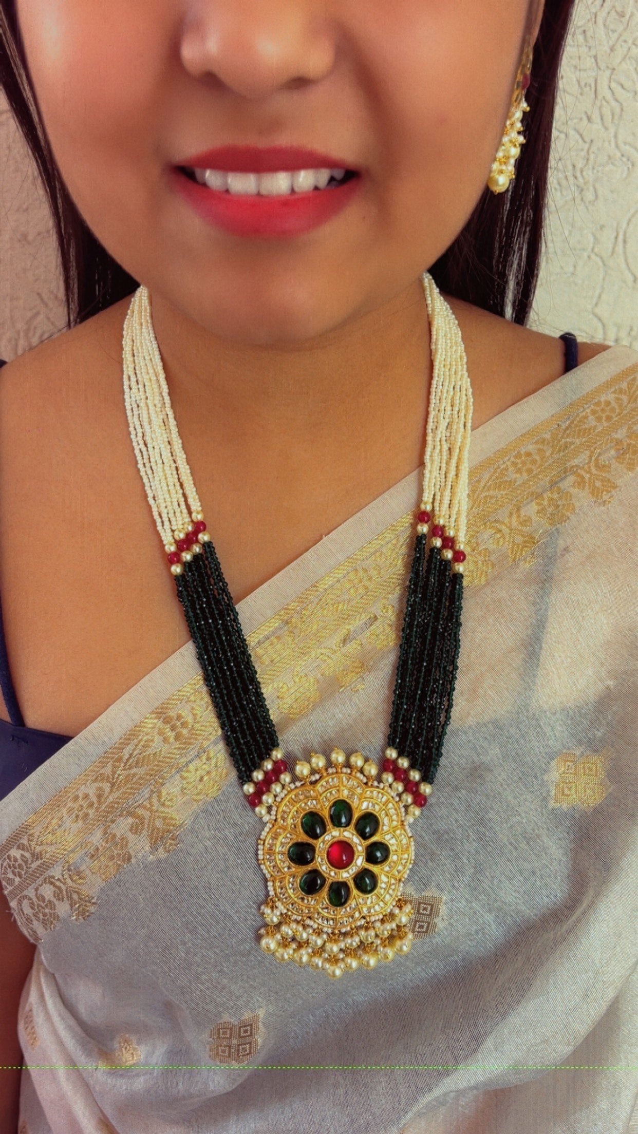 22K Gold Hallmarked Diamond Polki Green Necklace Jewelry