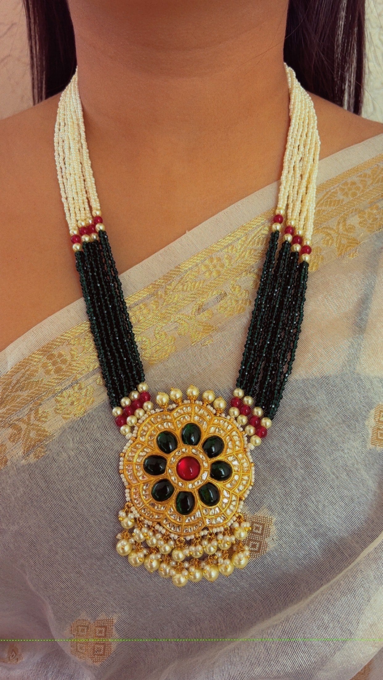 22K Gold Hallmarked Diamond Polki Green Necklace Jewelry