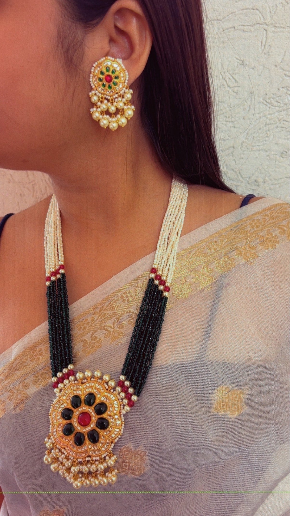 22K Gold Hallmarked Diamond Polki Green Necklace Jewelry