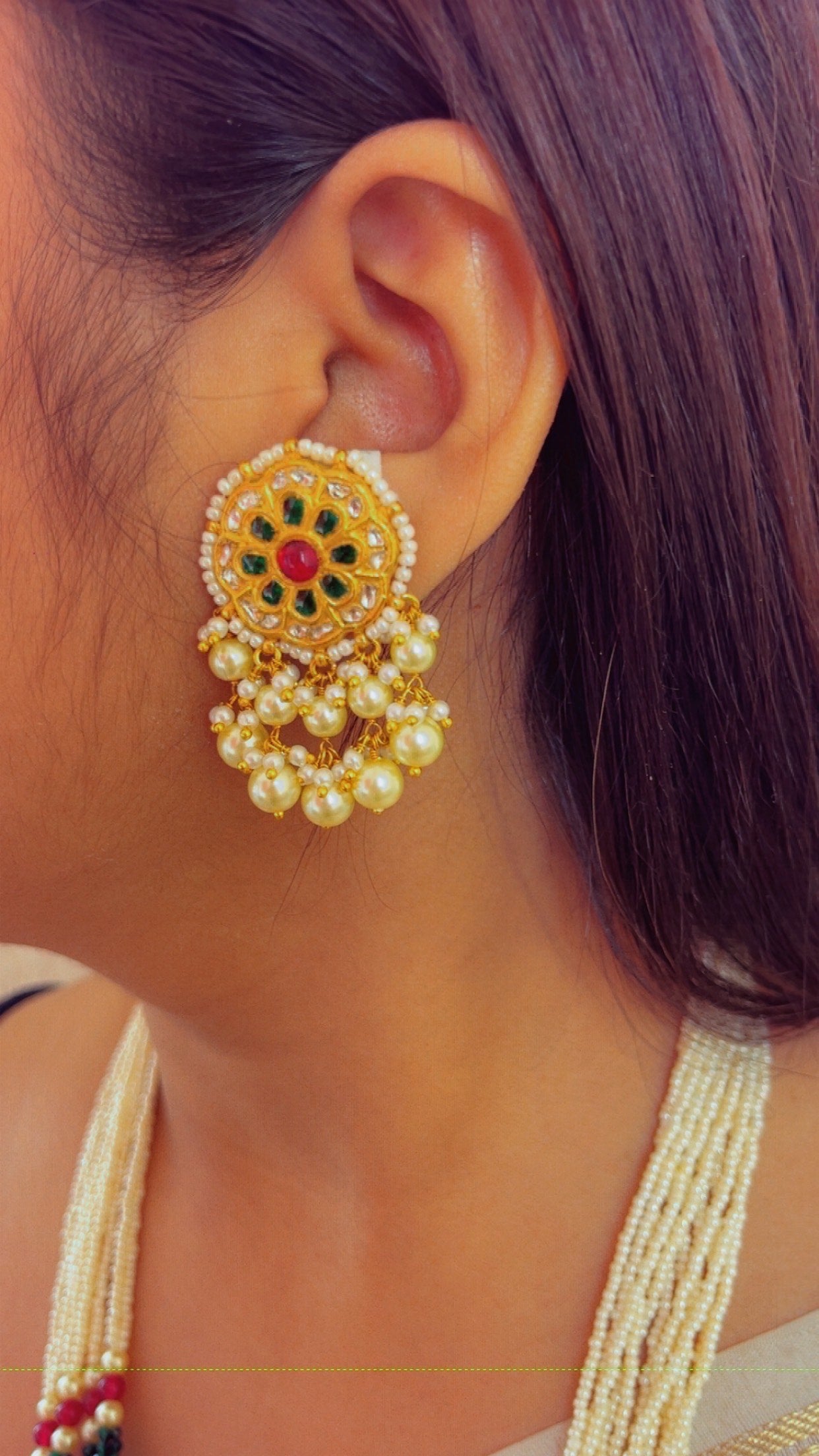 22K Gold Hallmarked Diamond Polki Green Necklace Jewelry