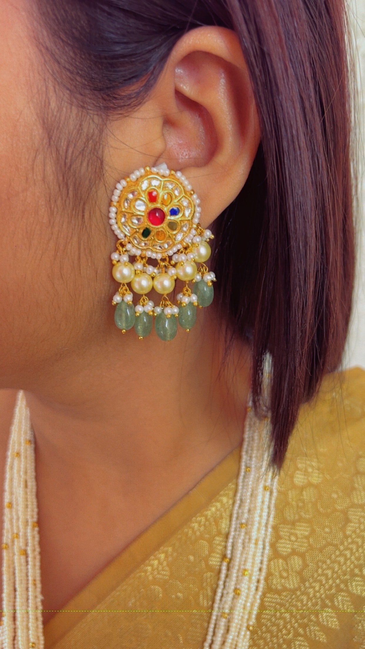 22K Gold Hallmarked Diamond Polki Navratan Necklace Jewelry