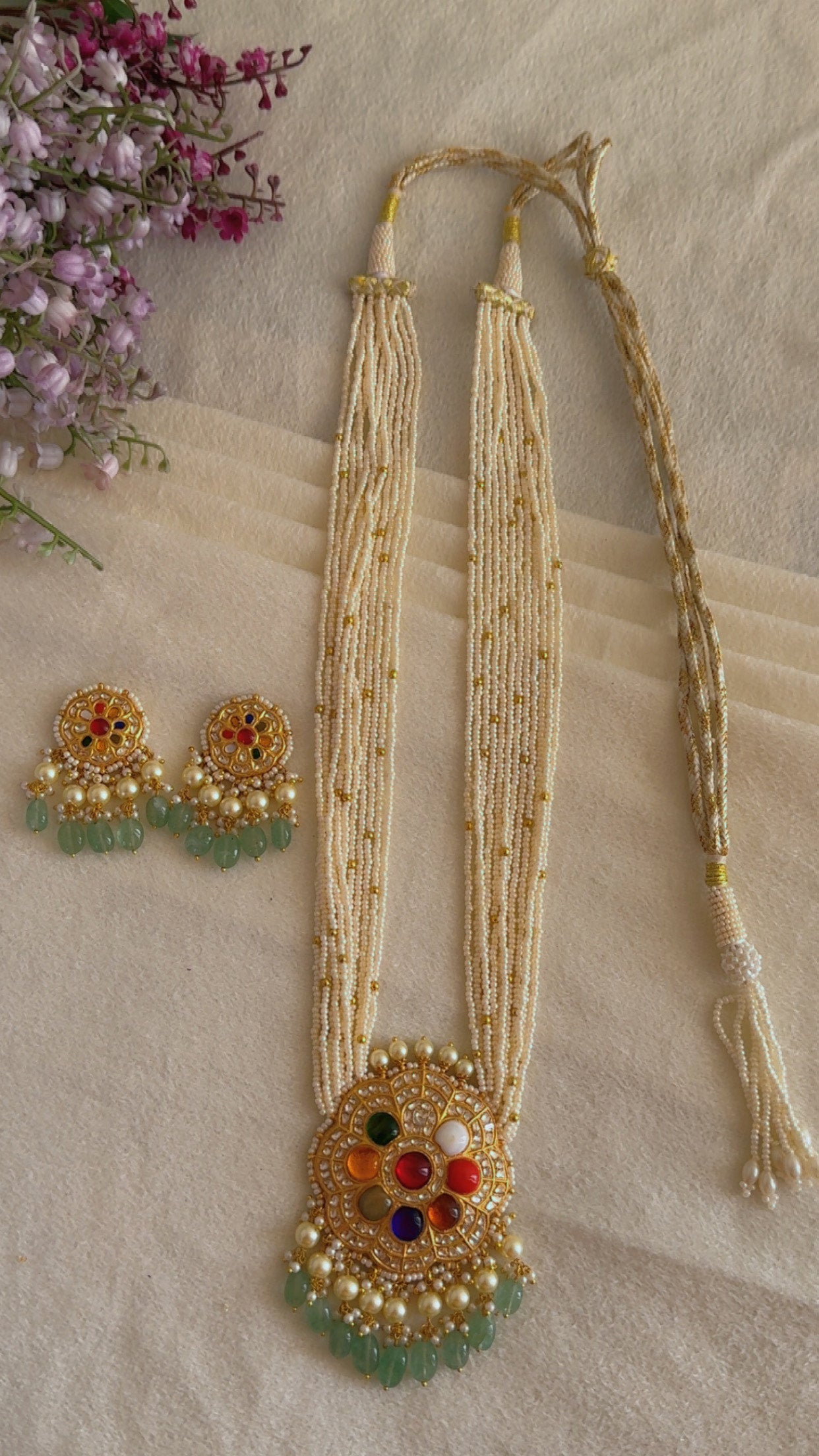 22K Gold Hallmarked Diamond Polki Navratan Necklace Jewelry