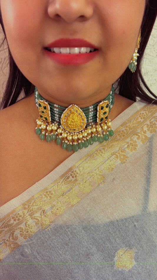22K Gold Hallmarked Diamond Polki Lakshmi ji Choker Necklace Jewelry