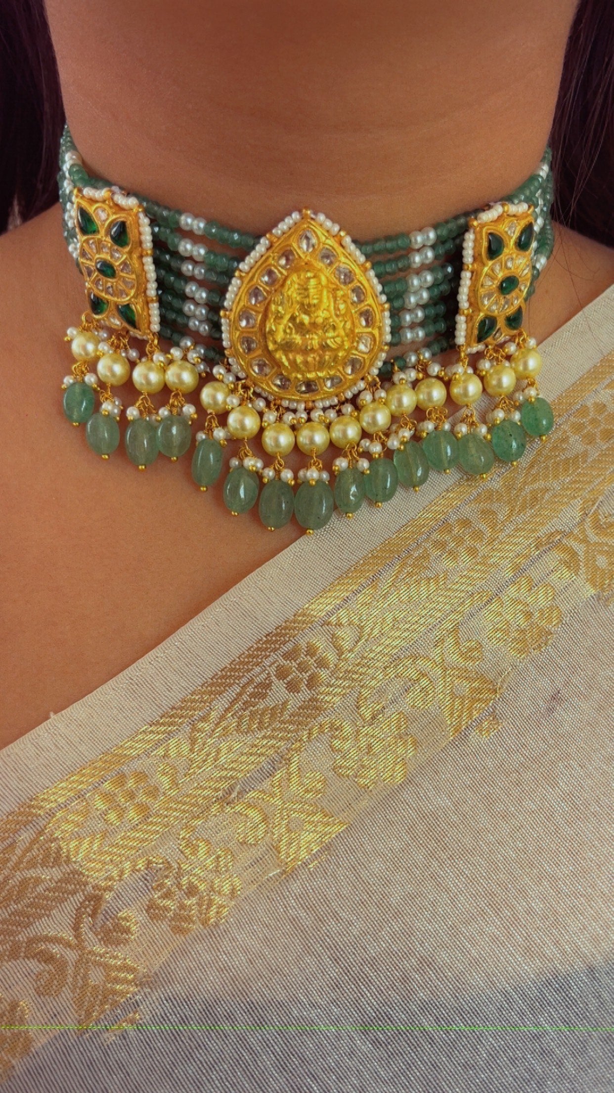 22K Gold Hallmarked Diamond Polki Lakshmi ji Choker Necklace Jewelry