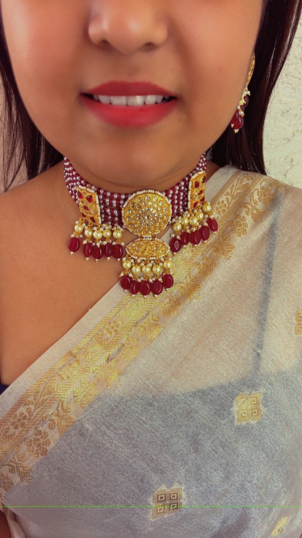 22K Gold Hallmarked Diamond Polki Red Choker Necklace Jewelry