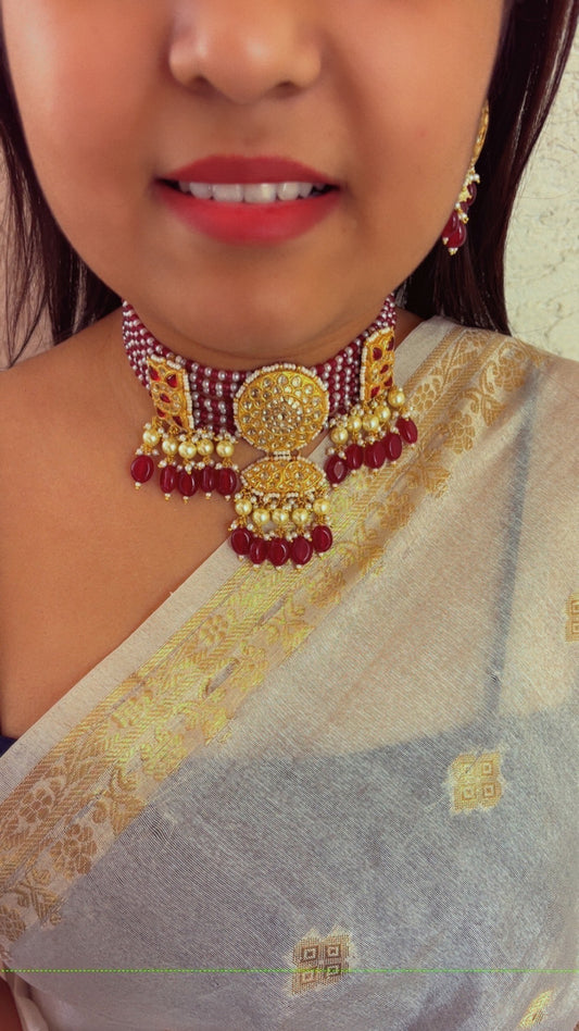 22K Gold Hallmarked Diamond Polki Red Choker Necklace Jewelry