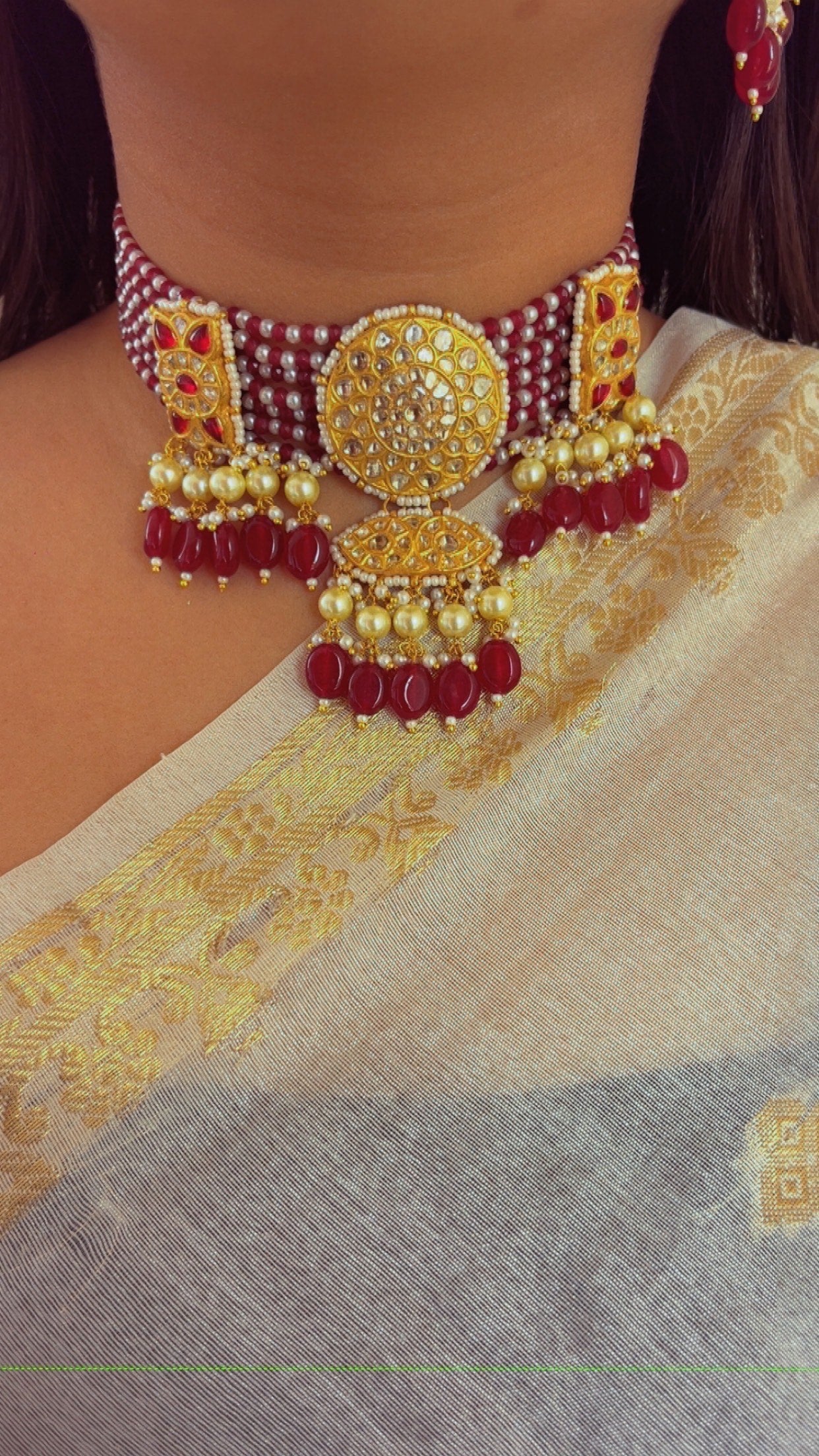 22K Gold Hallmarked Diamond Polki Red Choker Necklace Jewelry