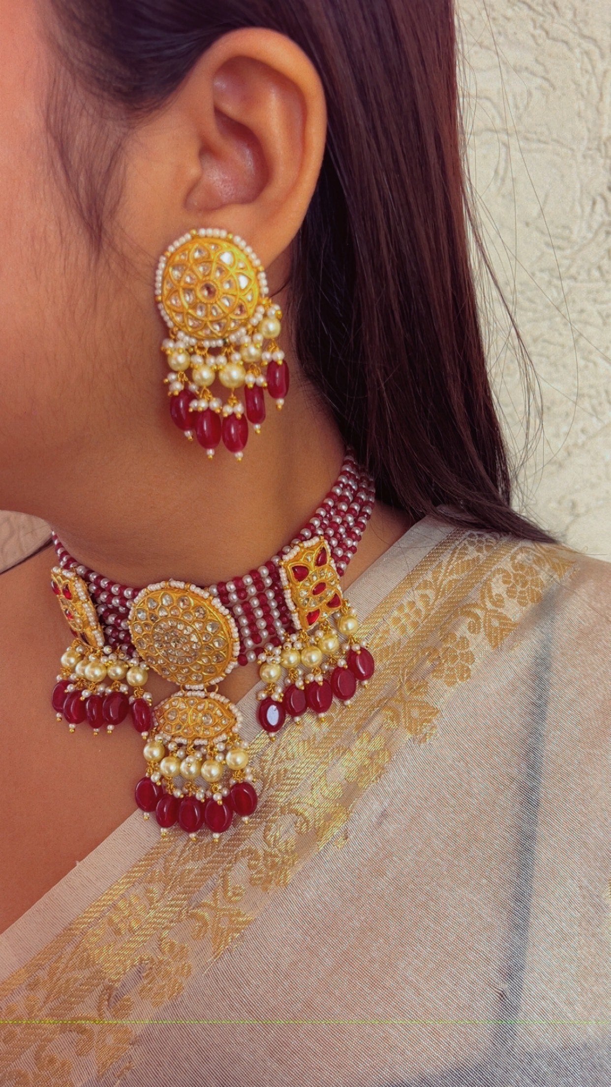 22K Gold Hallmarked Diamond Polki Red Choker Necklace Jewelry