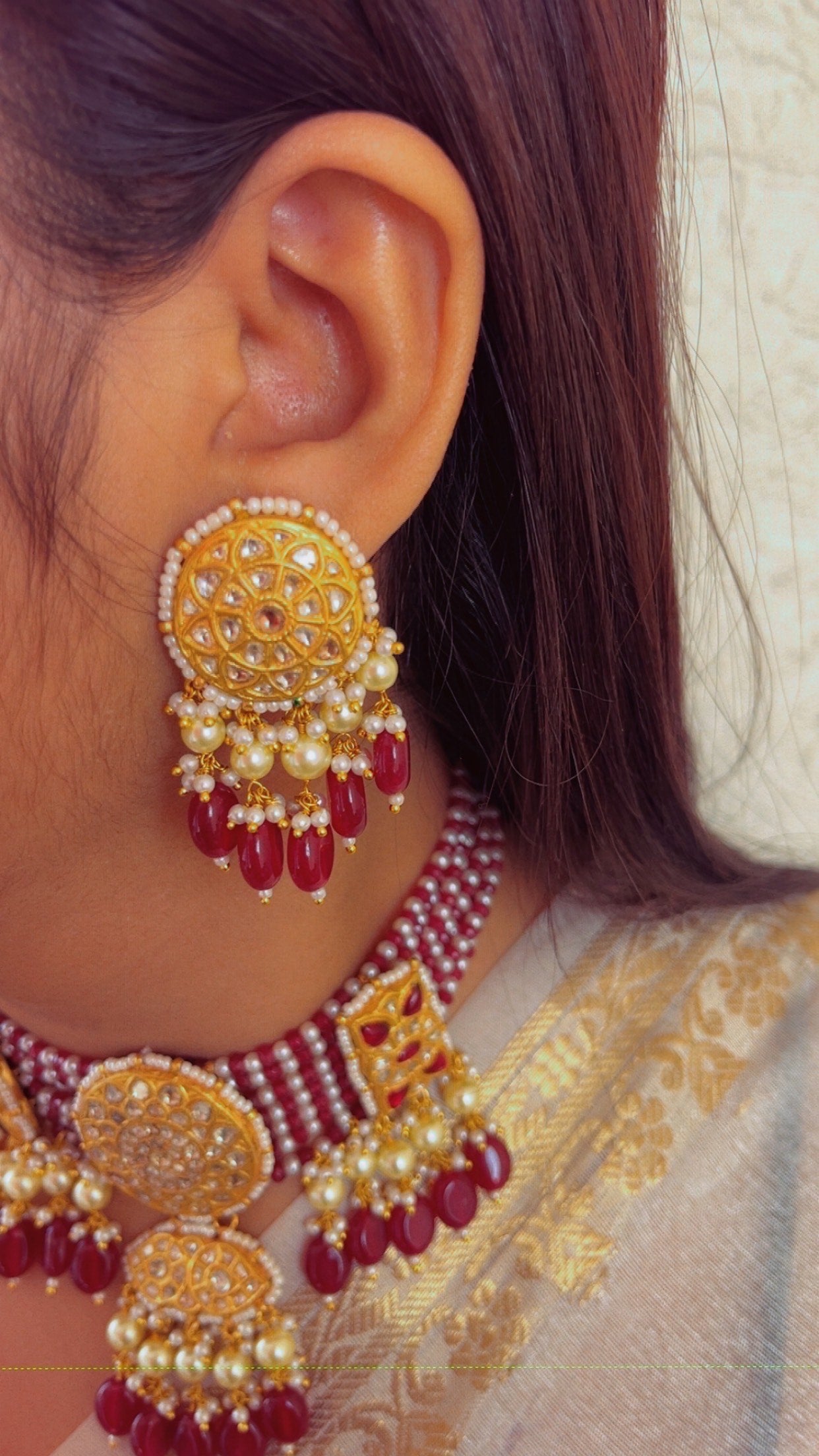 22K Gold Hallmarked Diamond Polki Red Choker Necklace Jewelry