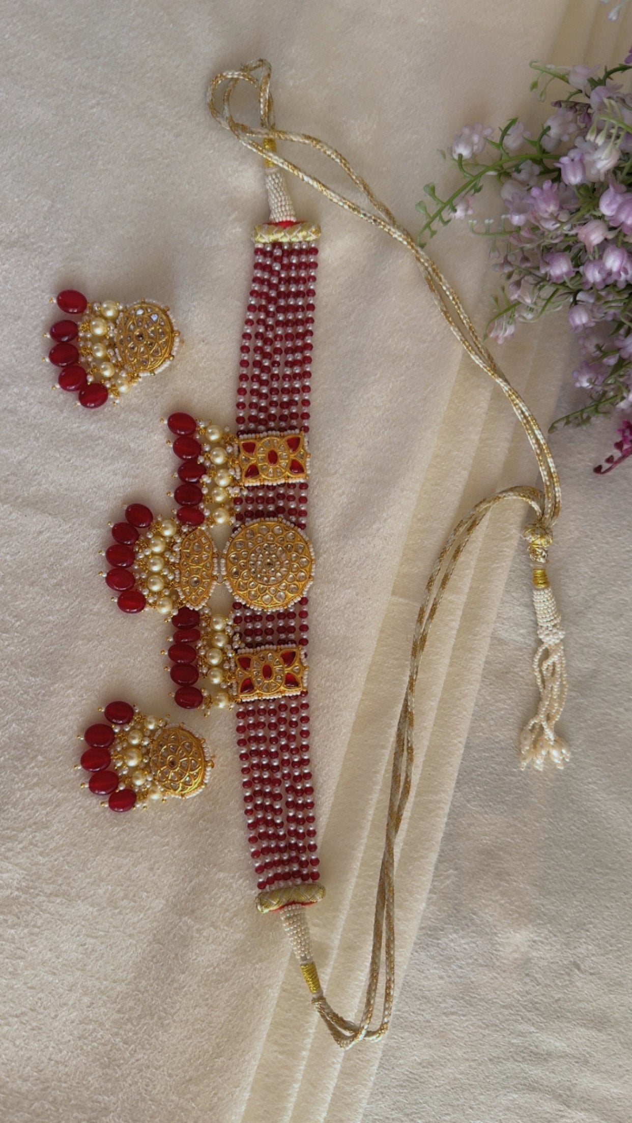 22K Gold Hallmarked Diamond Polki Red Choker Necklace Jewelry