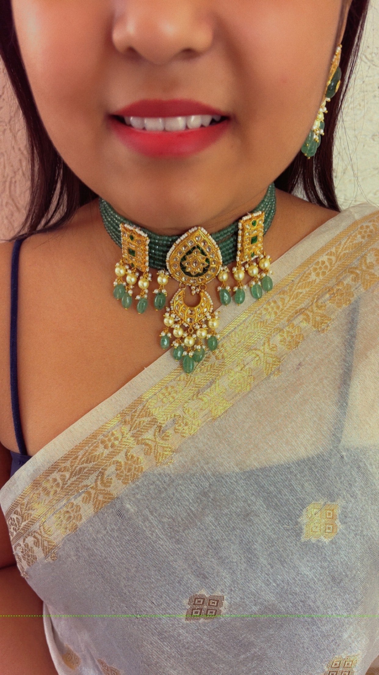 22K Gold Hallmarked Diamond Polki Green Choker Necklace Jewelry