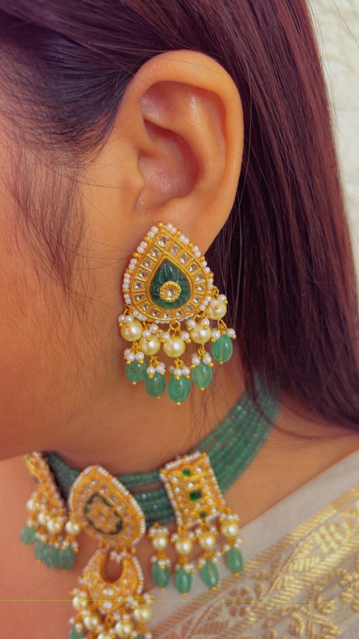 22K Gold Hallmarked Diamond Polki Green Choker Necklace Jewelry