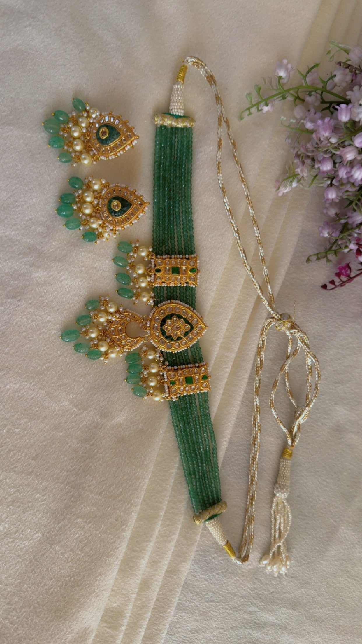 22K Gold Hallmarked Diamond Polki Green Choker Necklace Jewelry