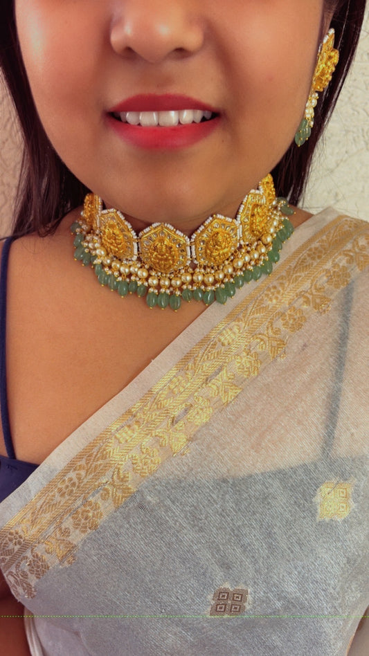 22K Gold Hallmarked Diamond Polki Lakshmi ji Choker Necklace Jewelry