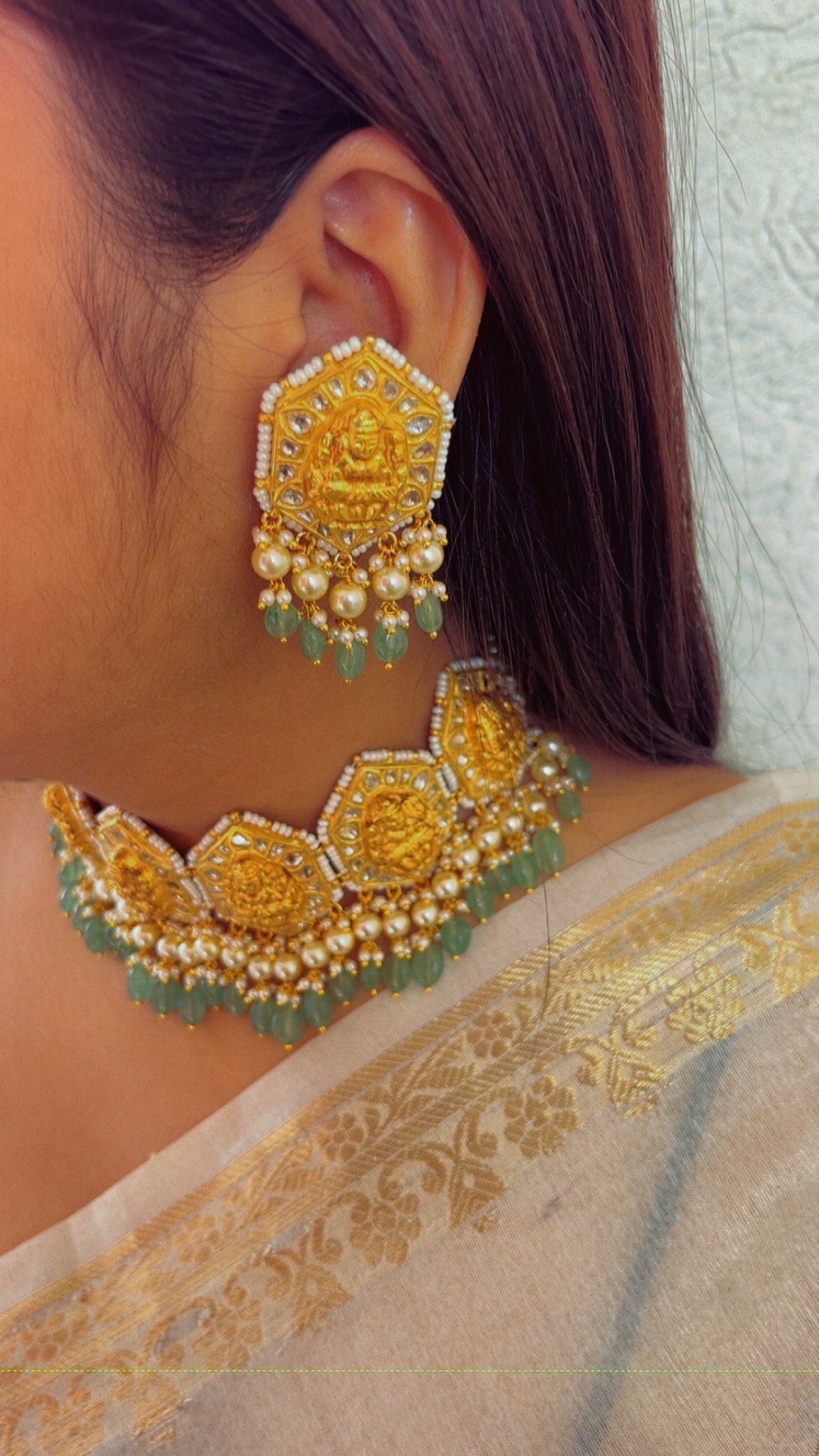 22K Gold Hallmarked Diamond Polki Lakshmi ji Choker Necklace Jewelry