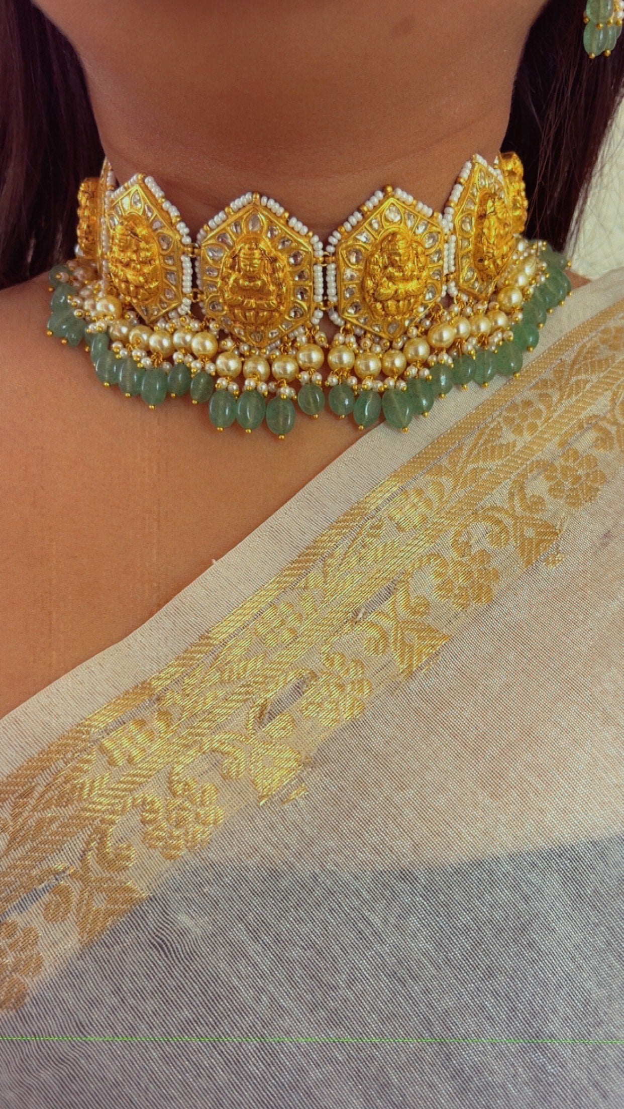 22K Gold Hallmarked Diamond Polki Lakshmi ji Choker Necklace Jewelry