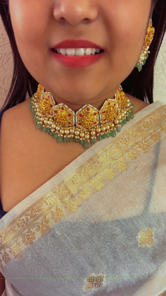 22K Gold Hallmarked Diamond Polki Lakshmi ji Choker Necklace Jewelry