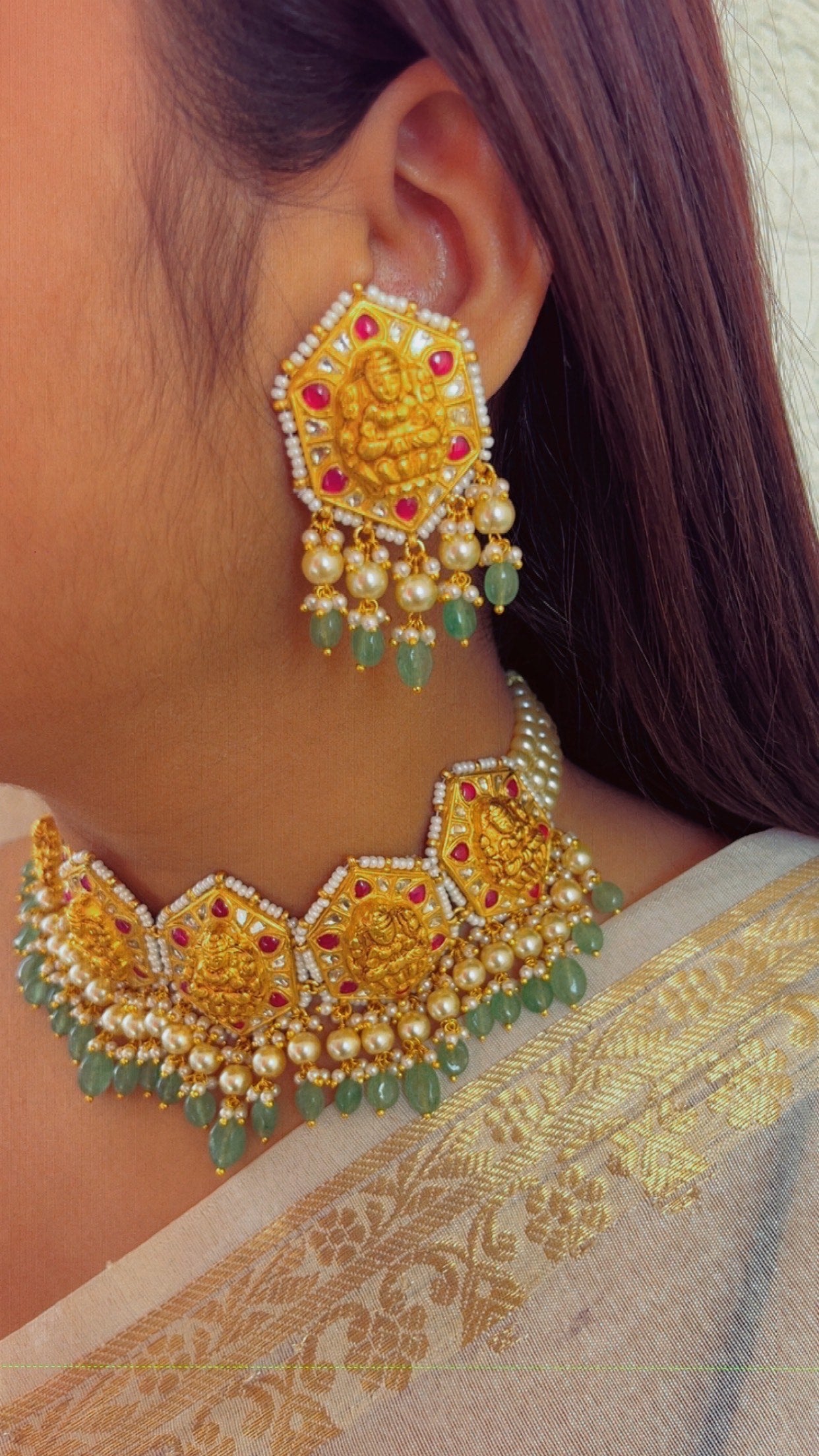 22K Gold Hallmarked Diamond Polki Lakshmi ji Choker Necklace Jewelry