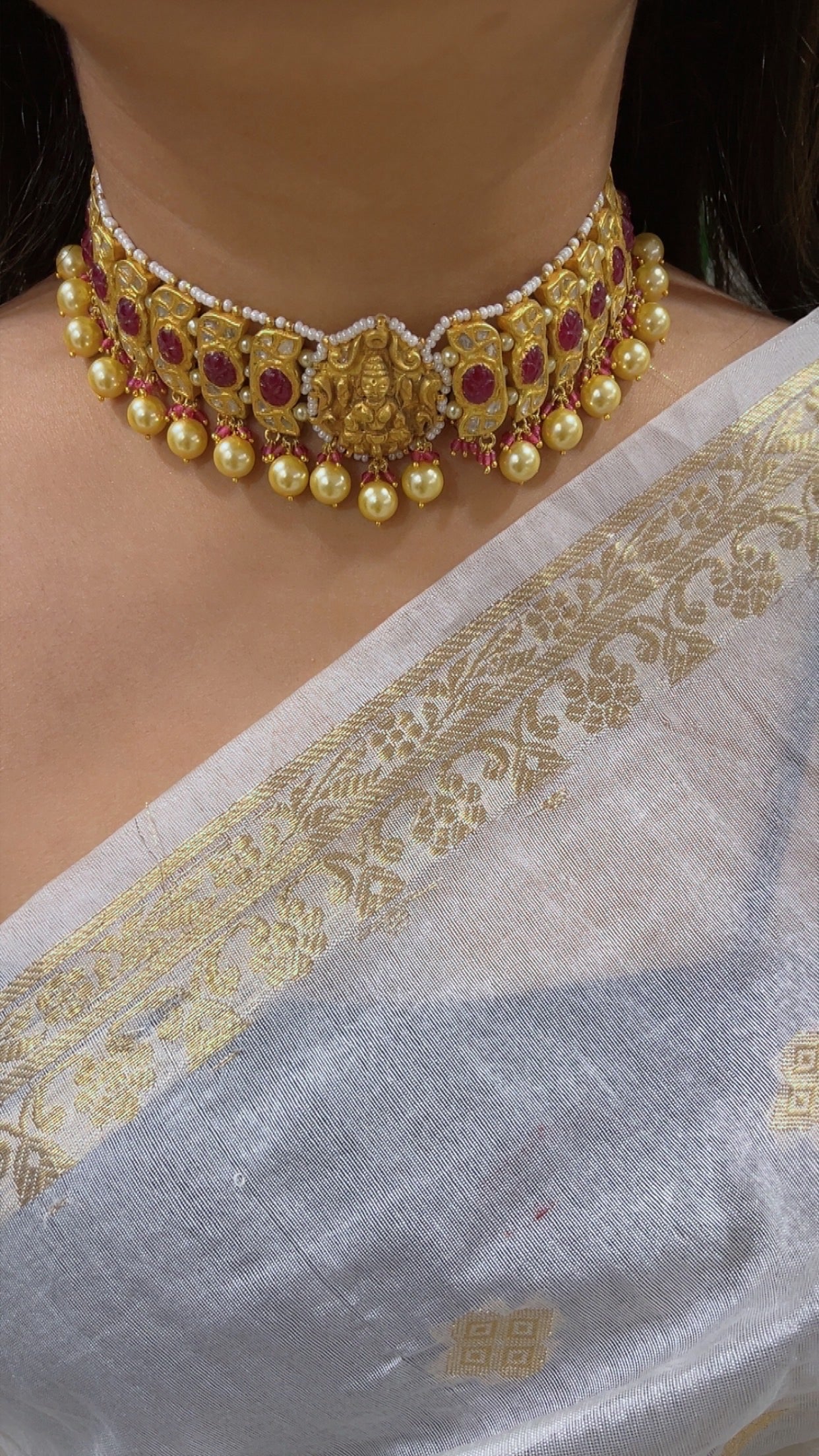 22K Gold Hallmarked Diamond Polki Lakshmi ji Choker Necklace Jewelry