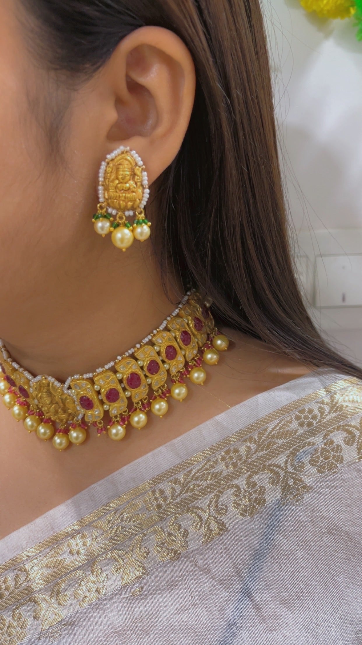 22K Gold Hallmarked Diamond Polki Lakshmi ji Choker Necklace Jewelry