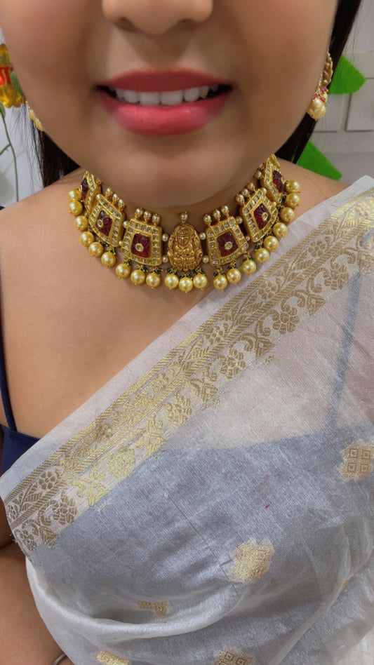 22K Gold Hallmarked Diamond Polki Lakshmi ji Necklace Jewelry